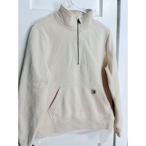 Carhartt Womens Relaxed Fit Quarter Zip Cozy Sweatshirt Cream Off-White Workwear - Picture 2 of 7